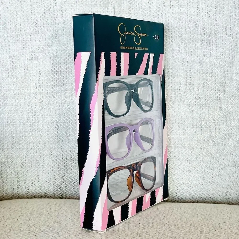 NWT 3 Pack 2.00 Jessica Simpson Premium Eye Reading Glasses Black,Purple, Brown